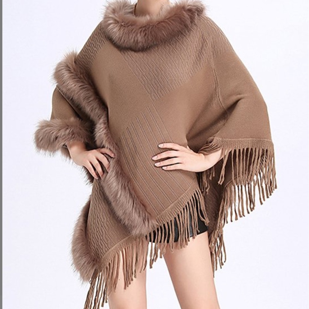 Faux Fur Fringed Poncho NEW